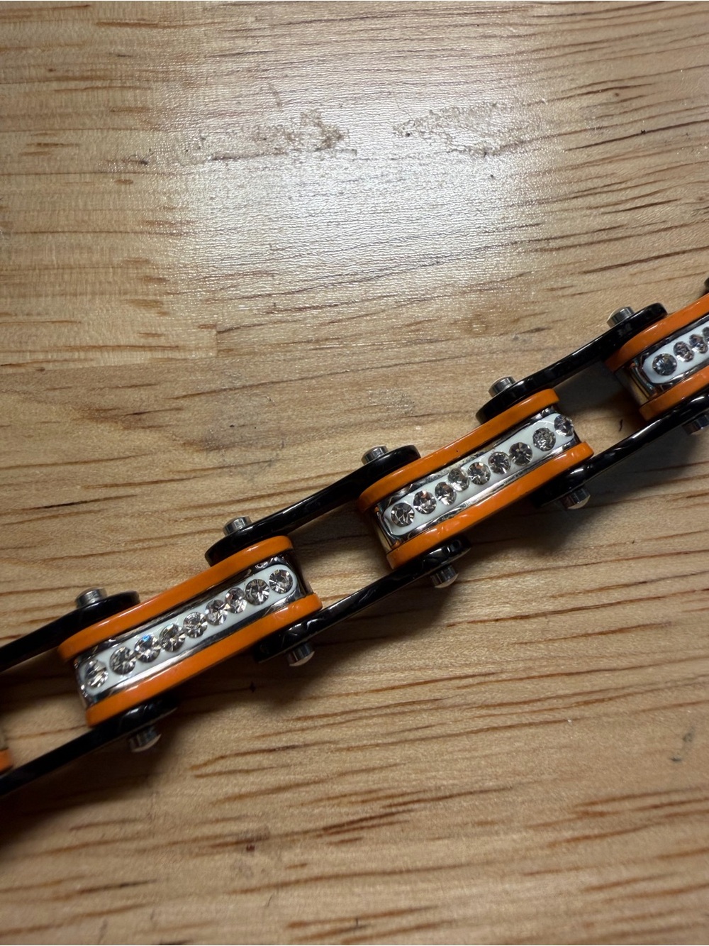 Orange and Black Rhinestone Link Bike Chain Bracelet